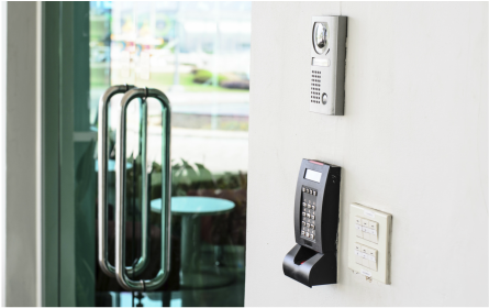 glass doors with keyless entry access control system for office building